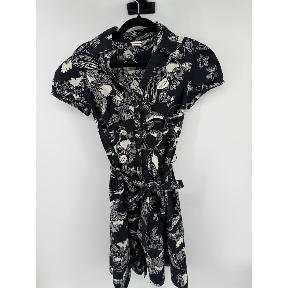 Merona Black White Floral Cotton Shirt Dress Short Puff Sleeve Belted Small